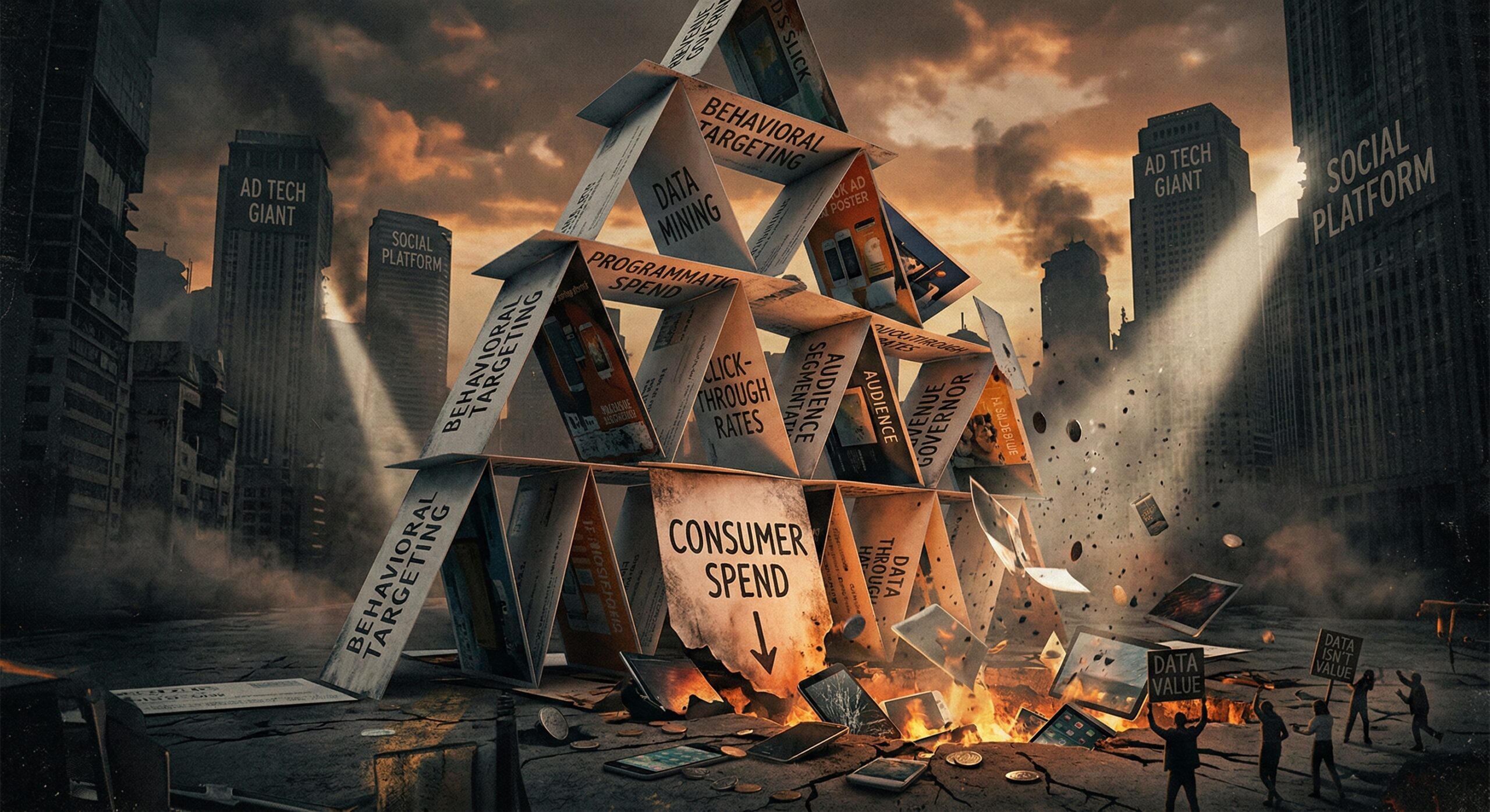 The Voice of Joe Custom Gem The Voice of Joe said A doomsday-style cinematic image depicting a massive house of cards collapsing in the middle of a desolate, cracked city street. The cards are oversized and inscribed with industry terms like "Behavioral Targeting," "Data Mining," "Programmatic Spend," and "Click-Through Rates". The base card, labeled "Consumer Spend," is smoldering and crumbling, triggering the structure's failure. In the background, dark, looming skyscrapers labeled "Ad Tech Giant" and "Social Platform" stand under a stormy, sunset-lit sky. In the foreground, small silhouettes of people hold signs that read "Data Isn't Value," while digital devices lie scattered and broken in the debris.